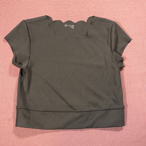 Offline by Aerie Goals Scalloped Cropped Tee in Black -  Size Small - Picture 2 of 7